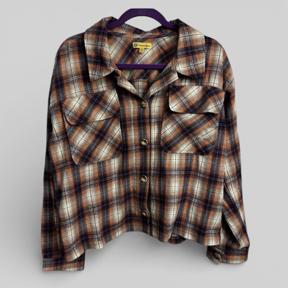 Democracy plaid button down cropped shirt shacket ladies size medium academia